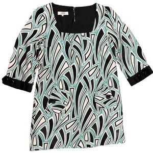 Tibi Shift Dress Size 10 Geometric Pattern Black White Teal 100% Silk Business